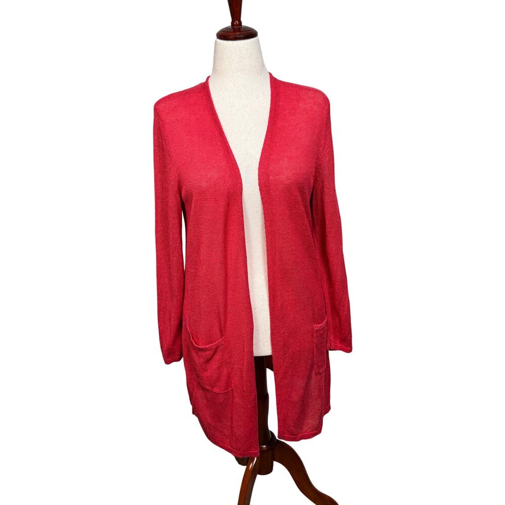 J. Jill duster open front pockets coral red orange linen blend light weight Sz M